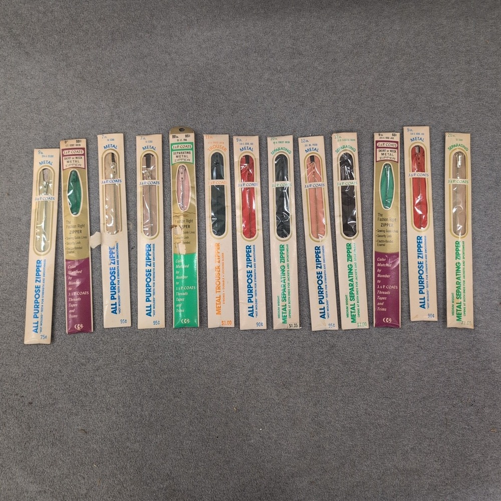 Vintage J&P Coats Metal Zippers Lot of‎ 12 Assorted Colors Sizes New Old Stock